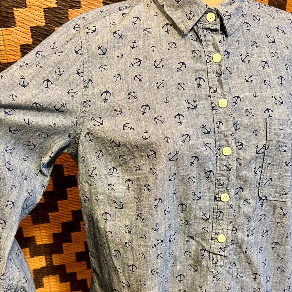 JCrew‎ nautical boat anchor half button shirt 100% chambray cotton coastal ocean
